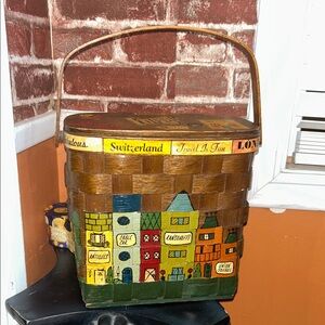 Hand-Painted Woven Basket with European Village Motif - Brown/Yellow